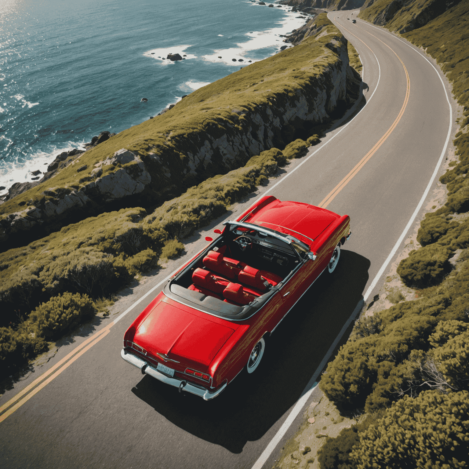 Overhead view of a red convertible driving down a scenic coastal highway