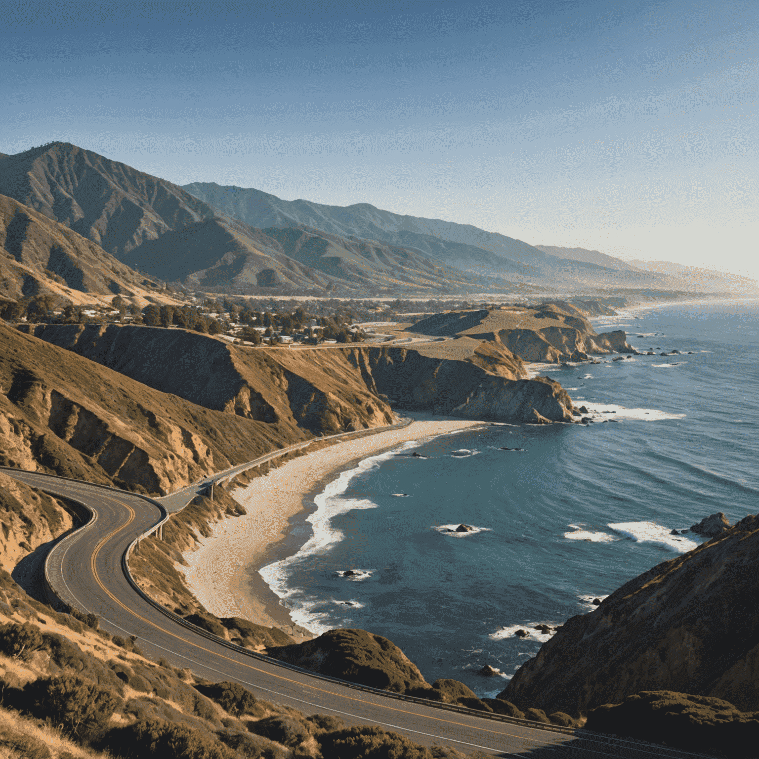 Scenic view of the Pacific Coast Highway winding along the California coastline with the ocean on one side and mountains on the other