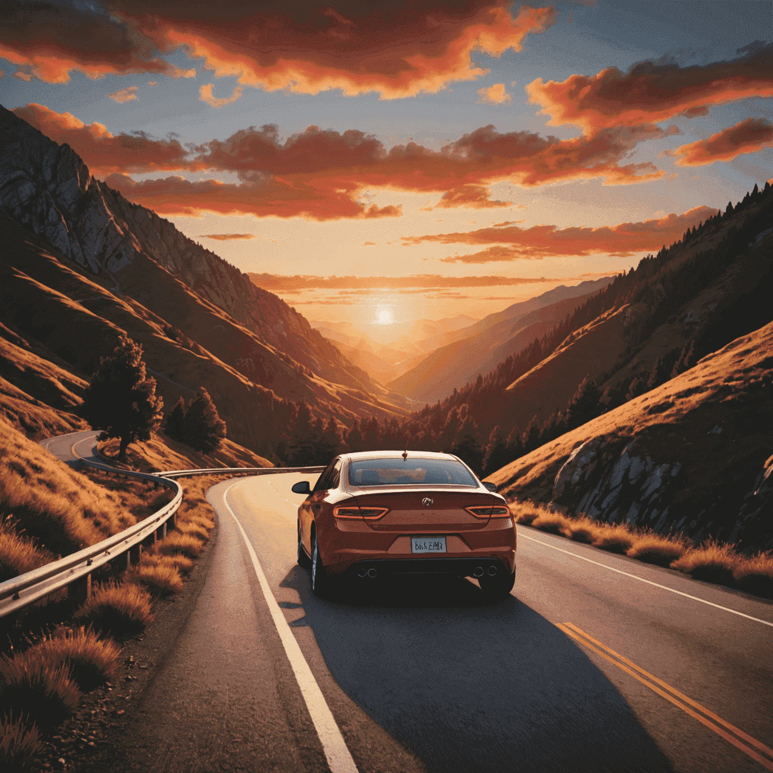 A red car driving on a scenic mountain road with a beautiful sunset in the background