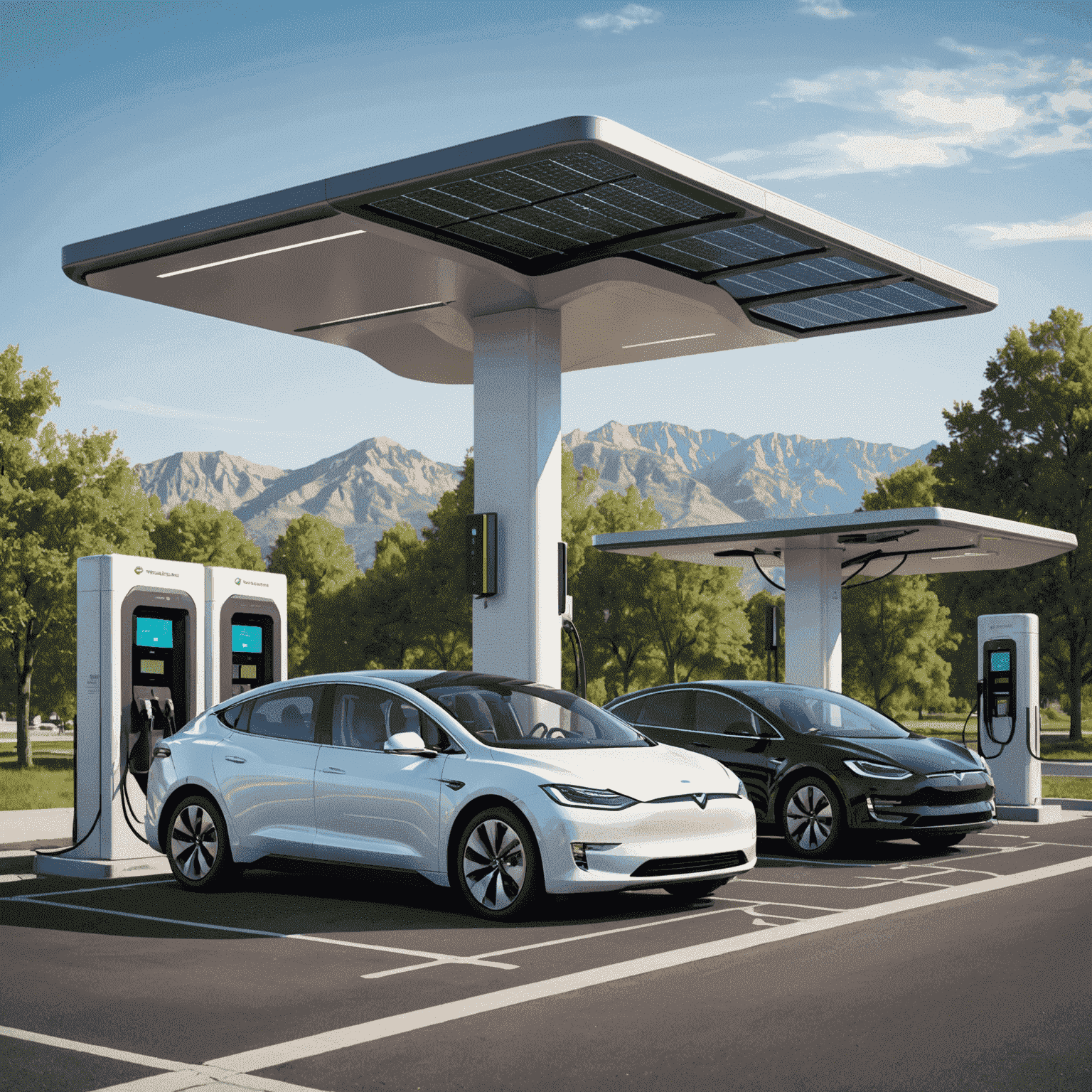 A modern electric vehicle charging station located at a highway rest stop, with several electric cars plugged in and charging. The charging station has a sleek, futuristic design and is powered by solar panels on the roof.