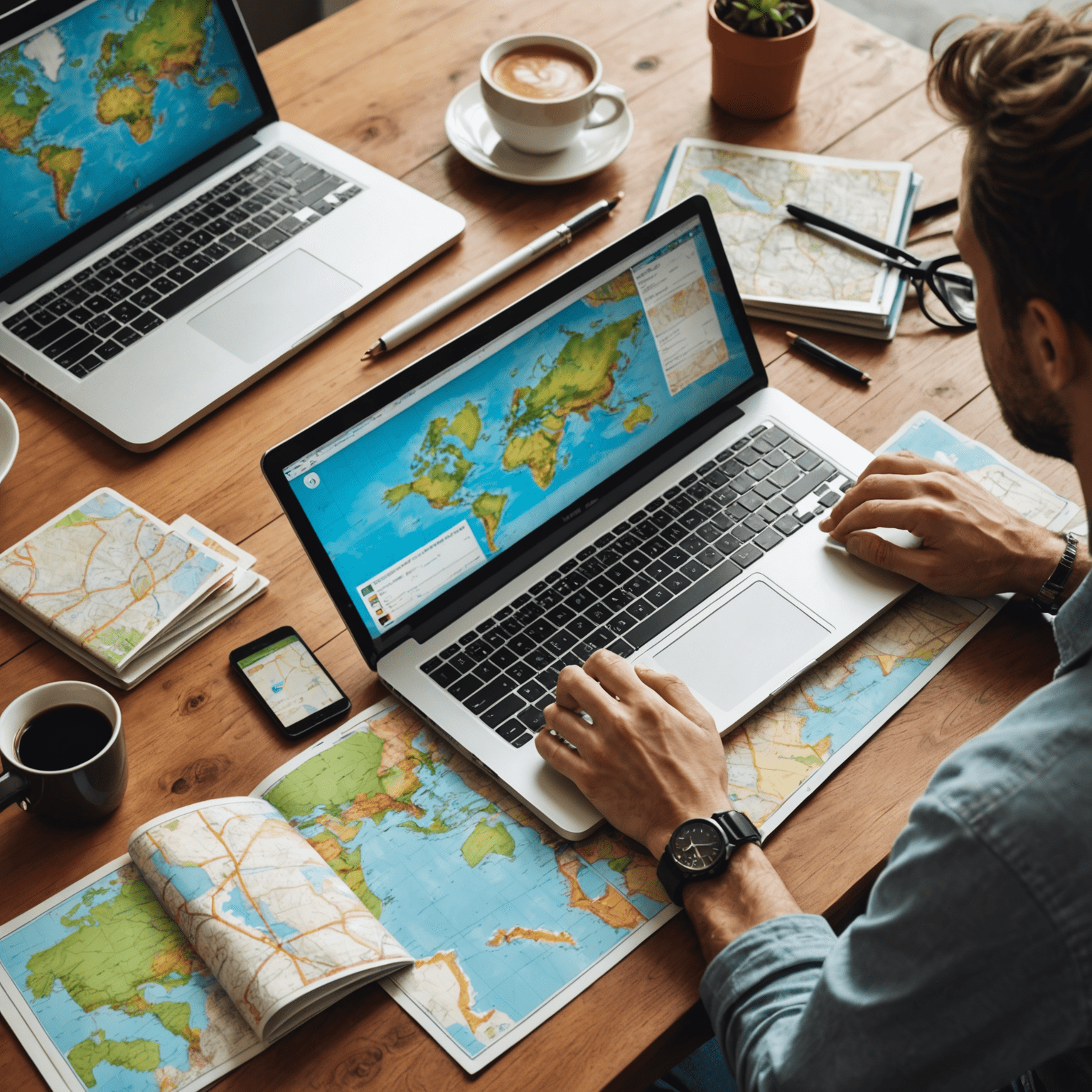 A person planning a trip using a map, laptop, and travel guides