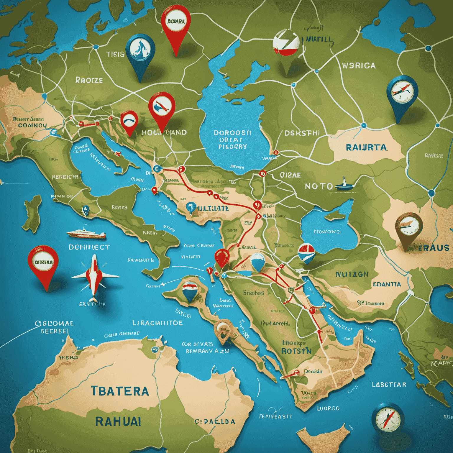 Map with various travel destinations and routes marked, showcasing a well-planned travel itinerary