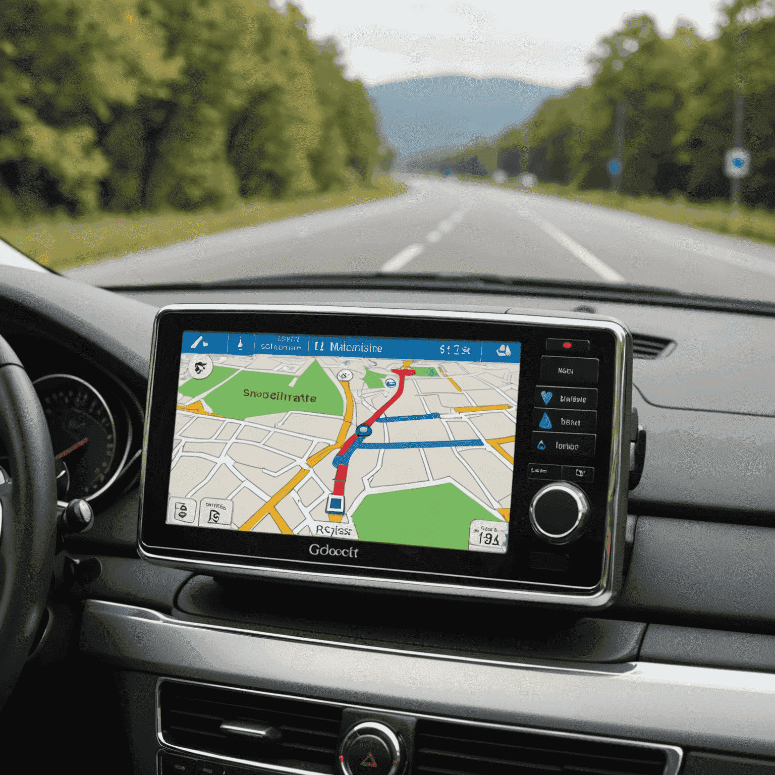 A GPS navigation device mounted on a car dashboard, showing a map with the planned travel route