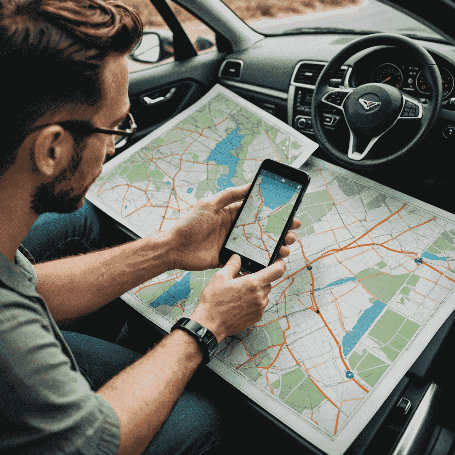 A person using a smartphone to plan a road trip route on a map