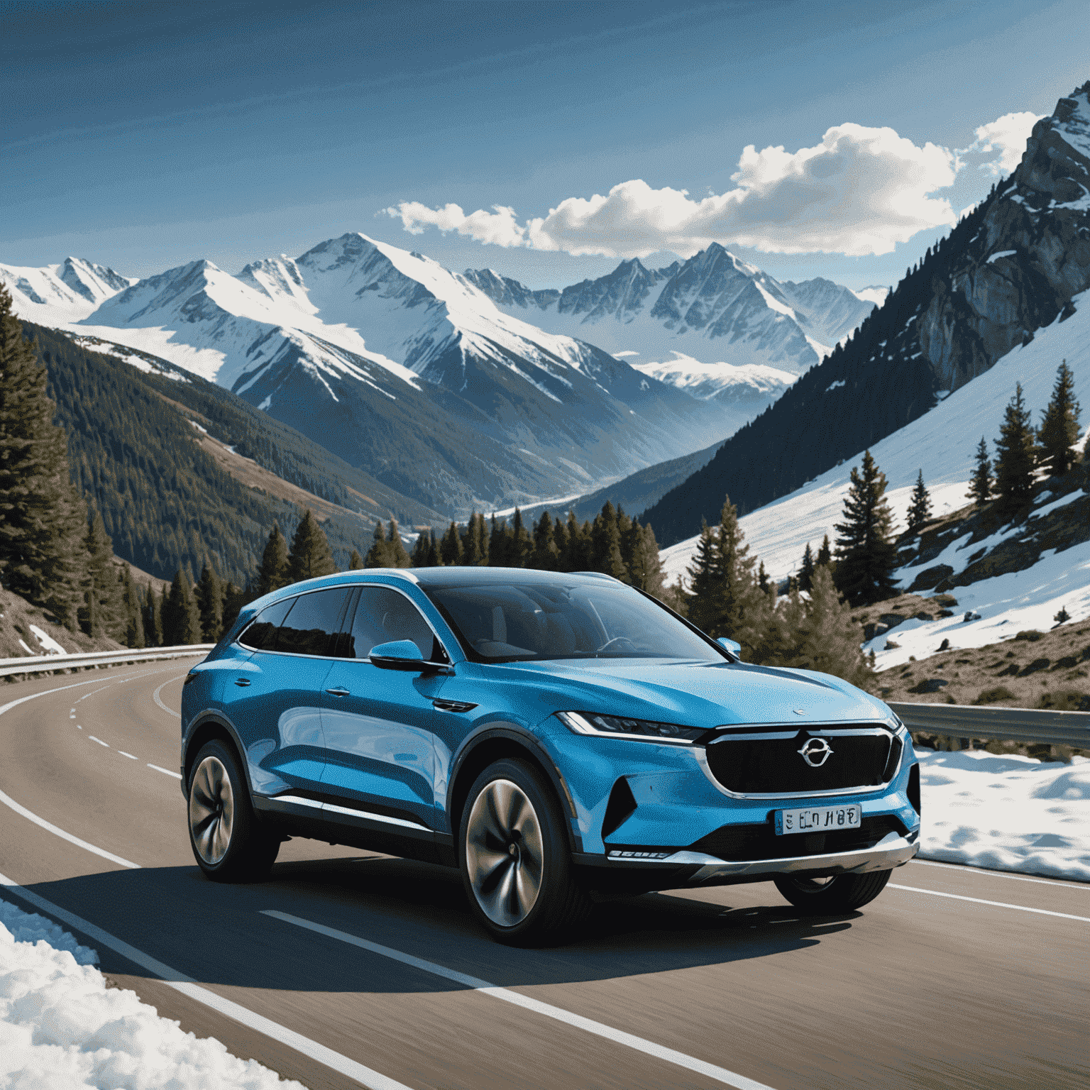 A sleek, modern electric SUV driving along a winding mountain road with stunning views of snow-capped peaks in the background. The vehicle has a spacious interior and advanced technology features.