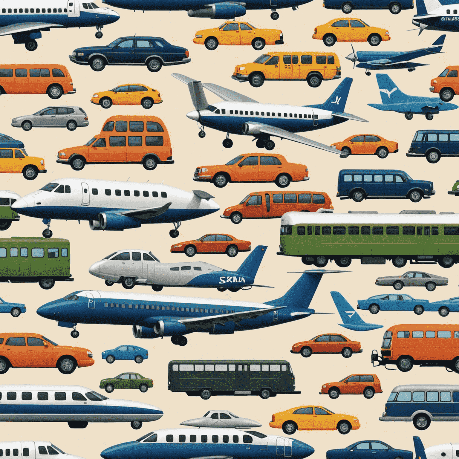 Various modes of transportation, including a plane, train, bus, and car