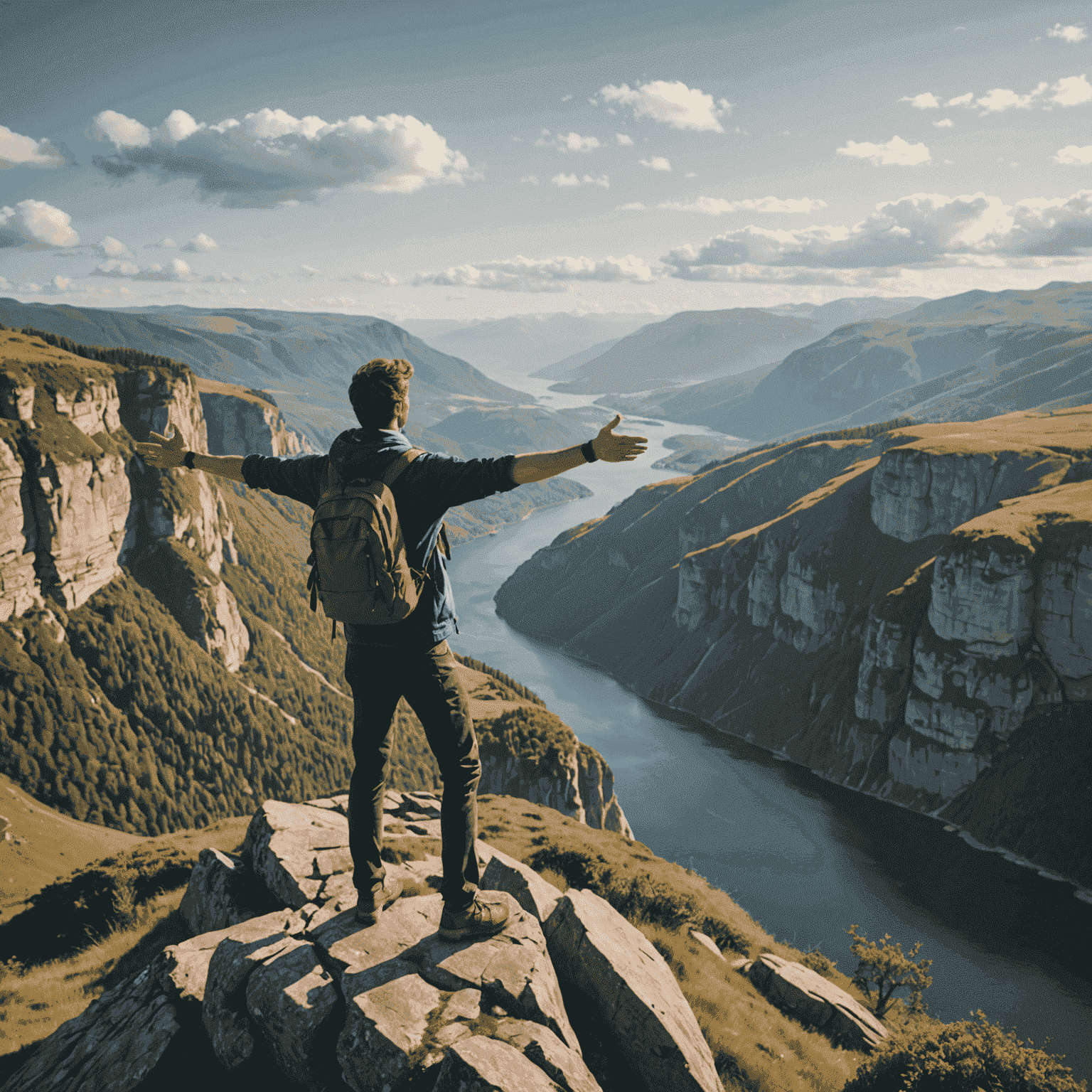 A traveler standing on a cliff edge, arms outstretched, enjoying a breathtaking scenic view during their journey