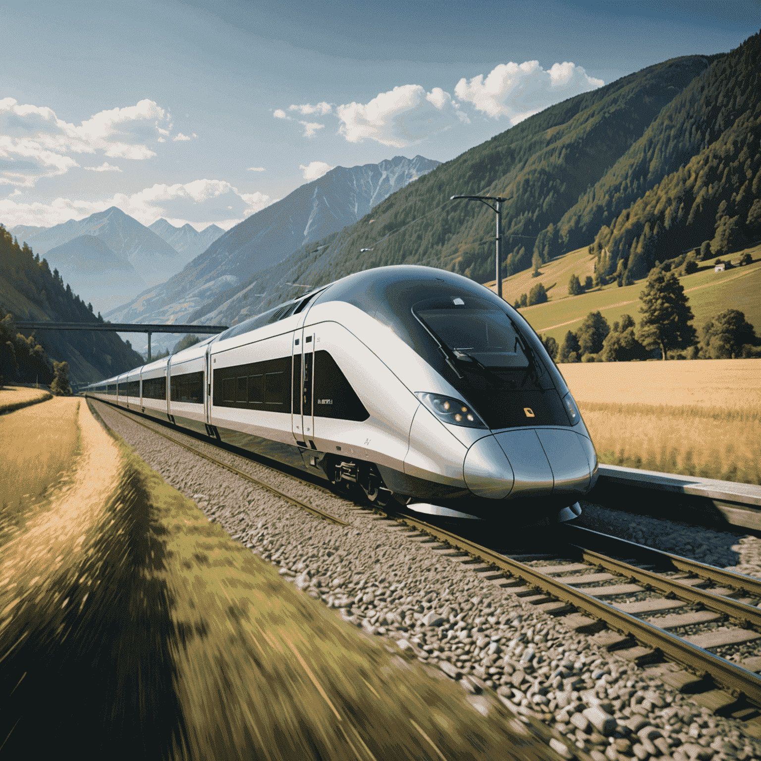 Sleek, modern high-speed train traveling through a scenic landscape