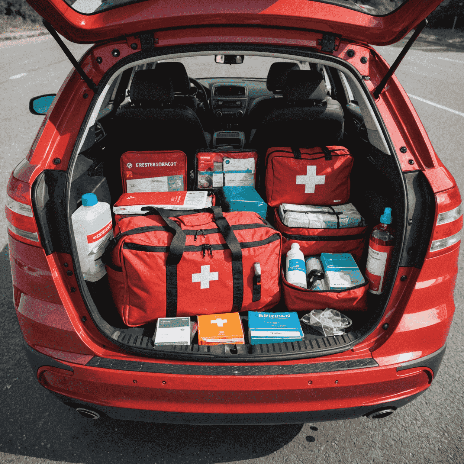 An open car trunk with a red emergency kit bag containing first-aid supplies, jumper cables, and other essential items