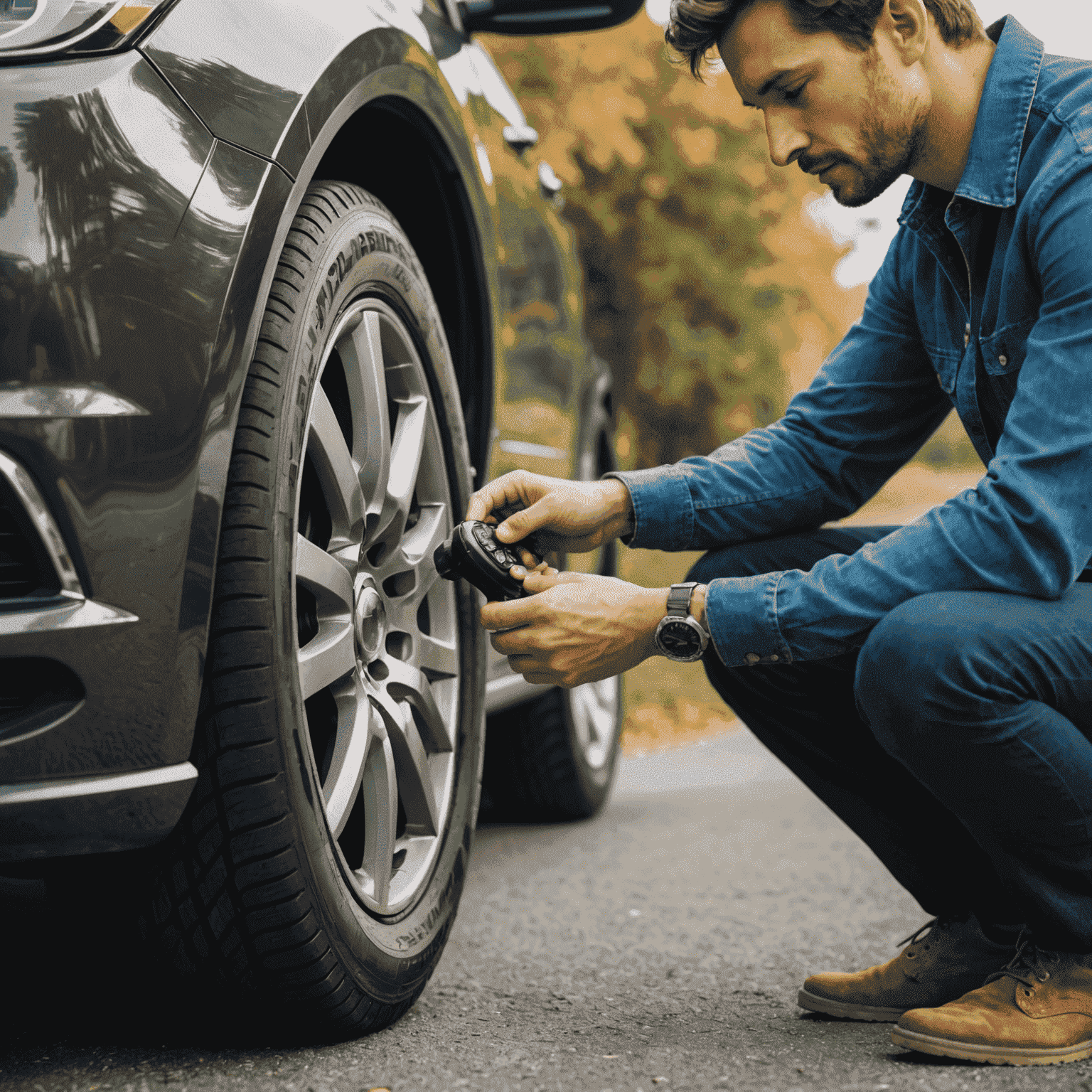 A person checking the tire pressure on their vehicle before embarking on a road trip to ensure a safe and comfortable travel experience.