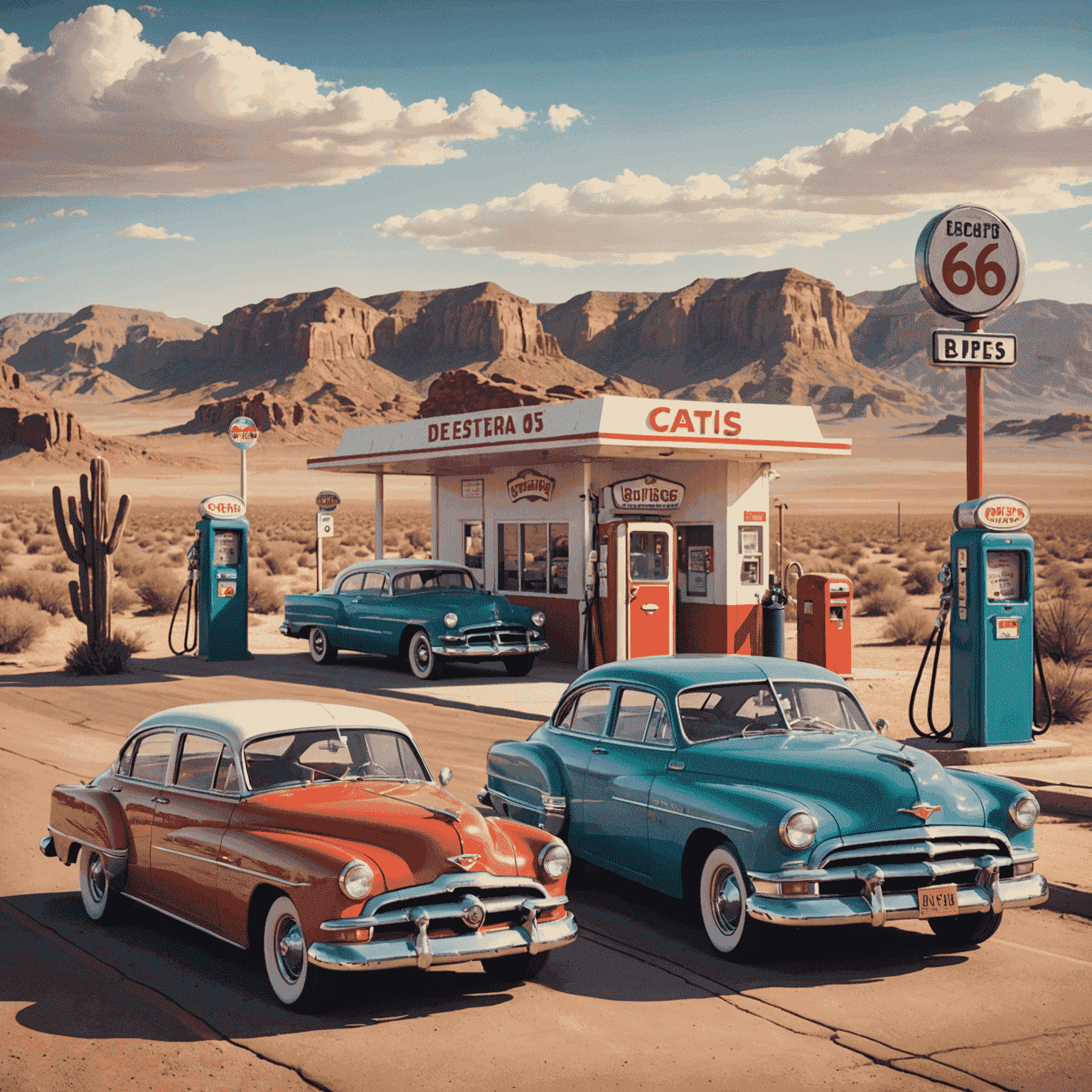 Vintage gas station and classic cars along the historic Route 66 with a desert landscape in the background