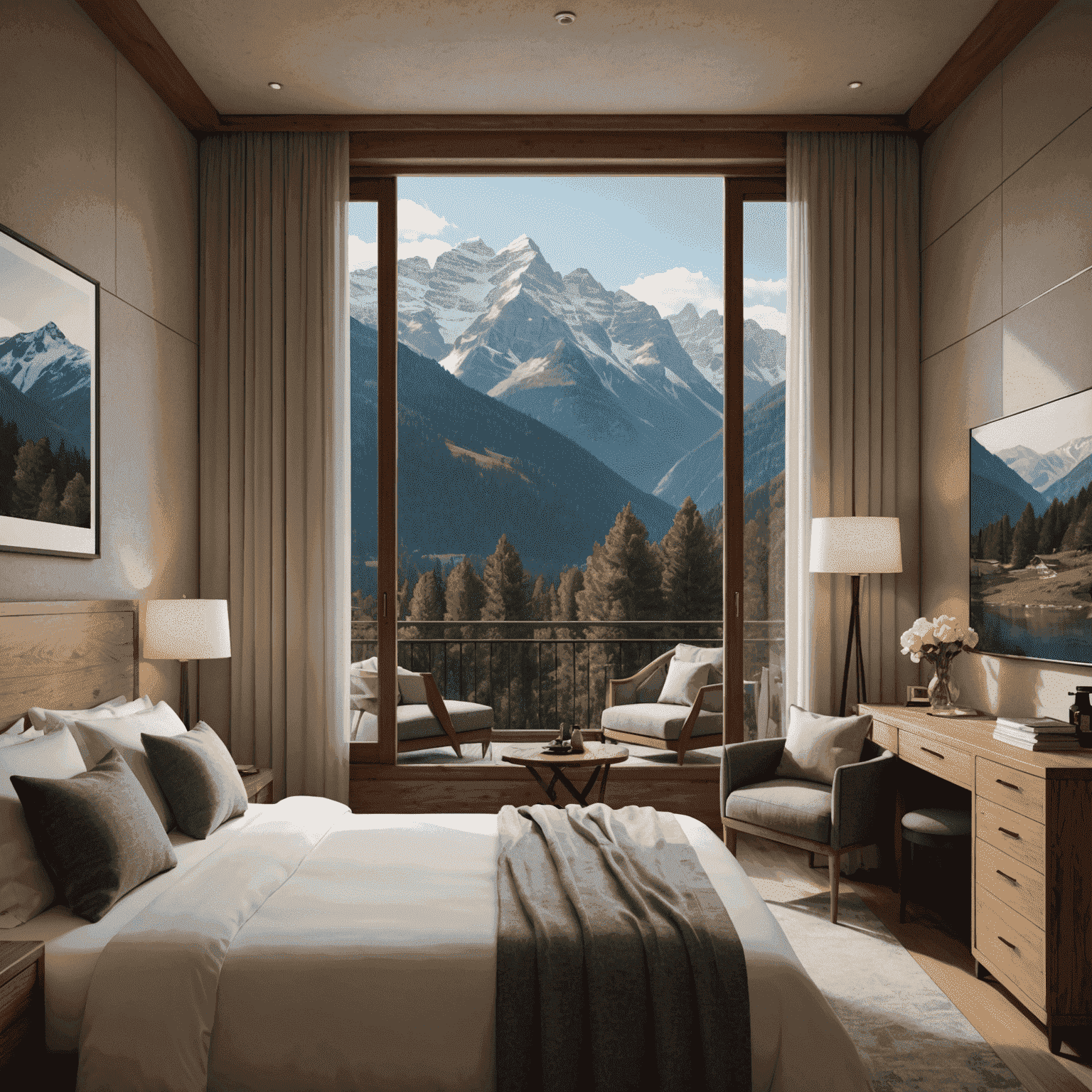 A cozy hotel room with a large bed and a view of the mountains through the window