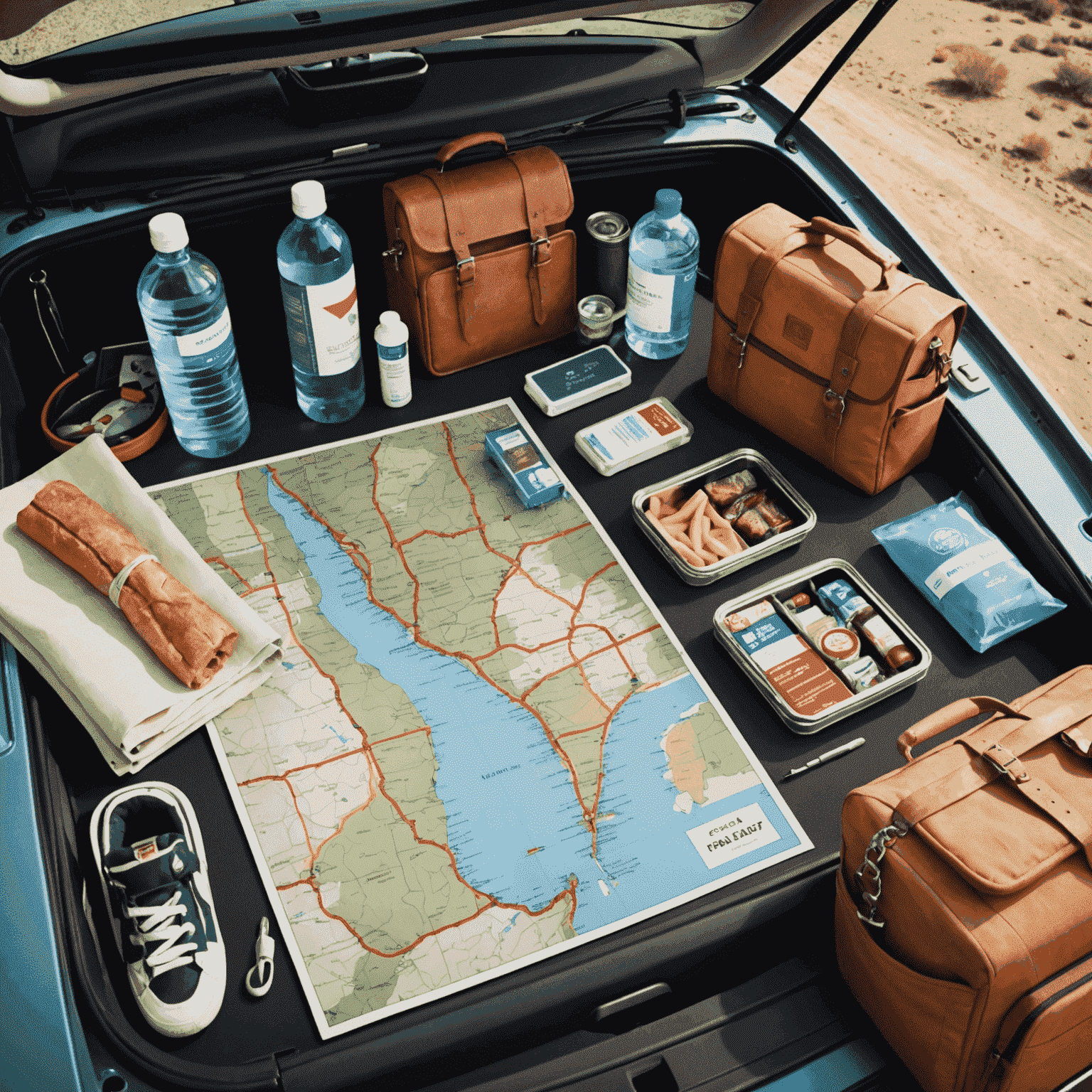 Essential items for a road trip, including a map, snacks, water, and a first-aid kit