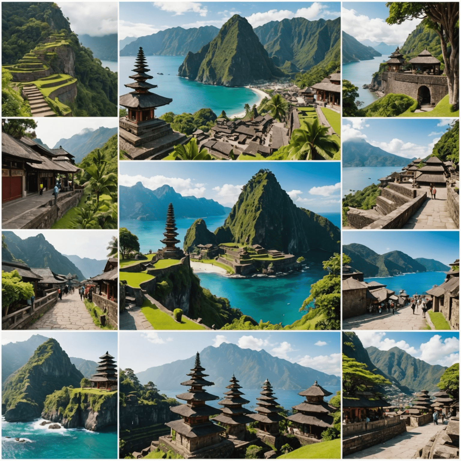 A collage featuring stunning images of Bali beaches, Kyoto temples, Banff mountains, Dubrovnik old town, and Machu Picchu ruins