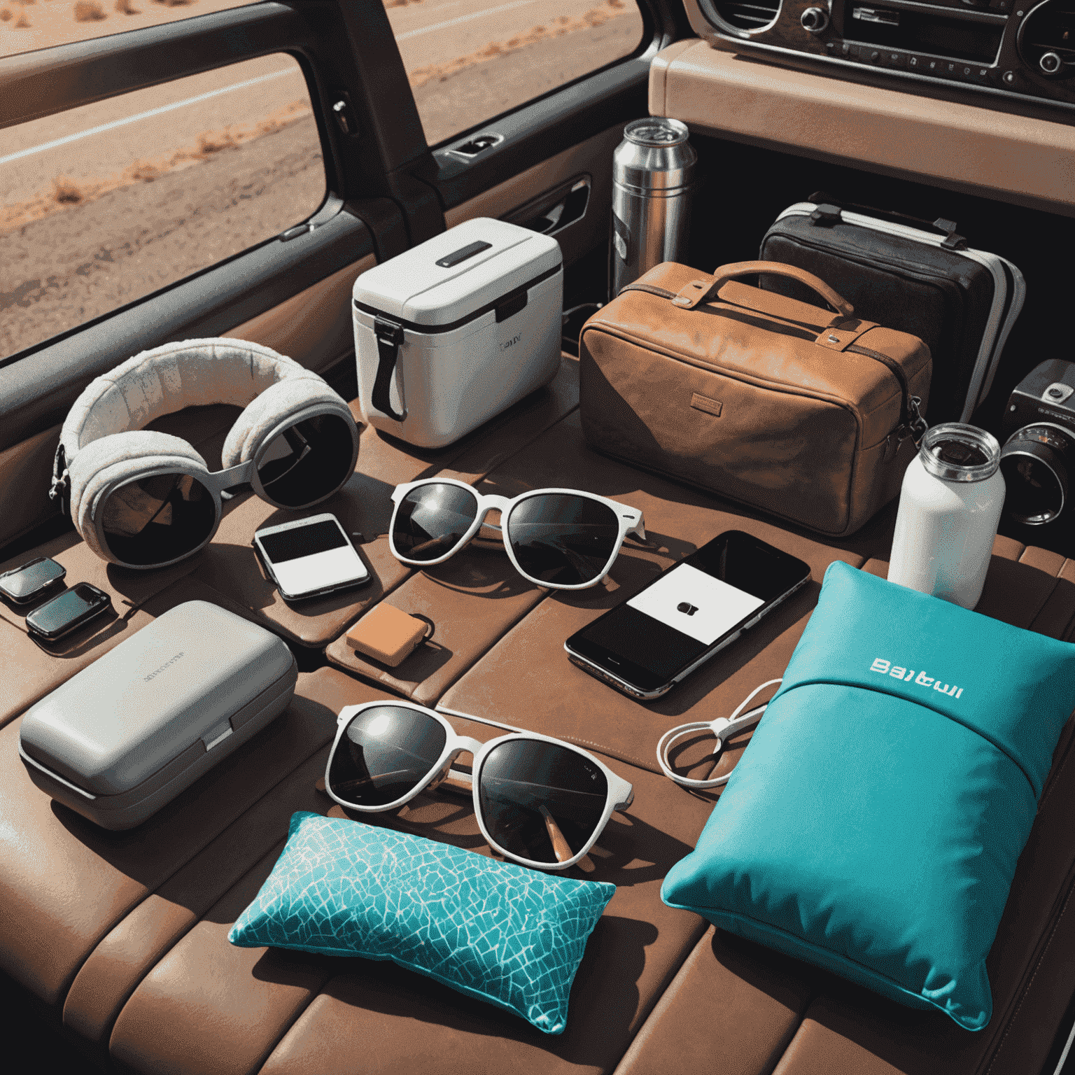 A collage of road trip comfort accessories, including travel pillows, a portable cooler, sunglasses, and a smartphone connected to a power bank