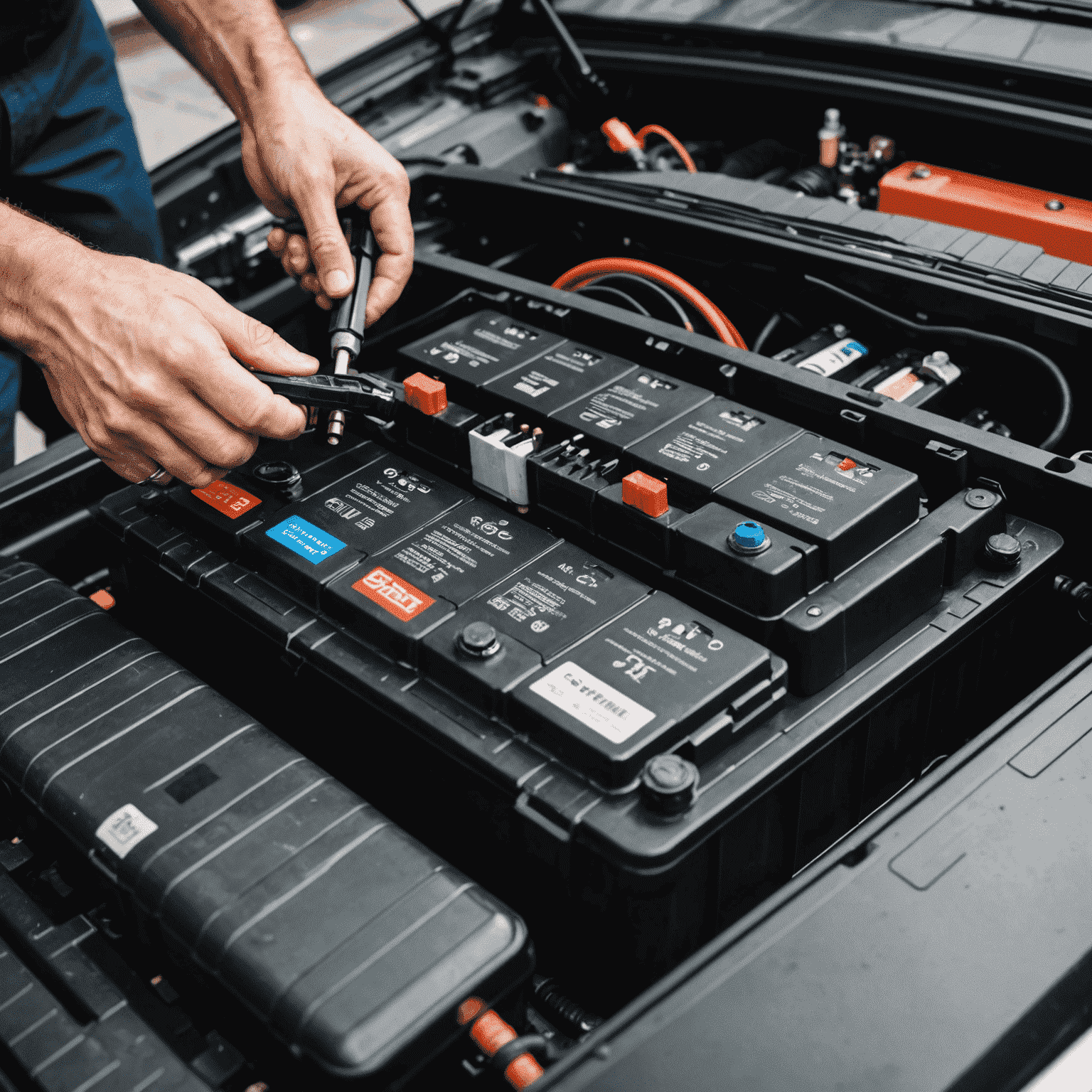 A close-up of a car battery being maintained, with the terminals being cleaned to ensure proper electrical connection for reliable starting during travel adventures.