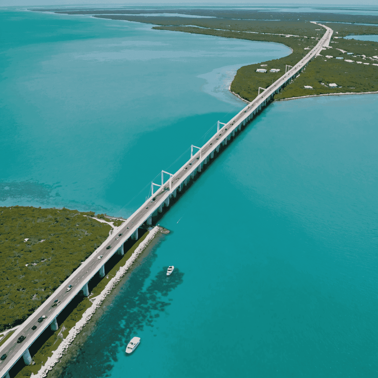 Aerial view of the Overseas Highway bridge connecting the Florida Keys, with turquoise waters and small islands visible