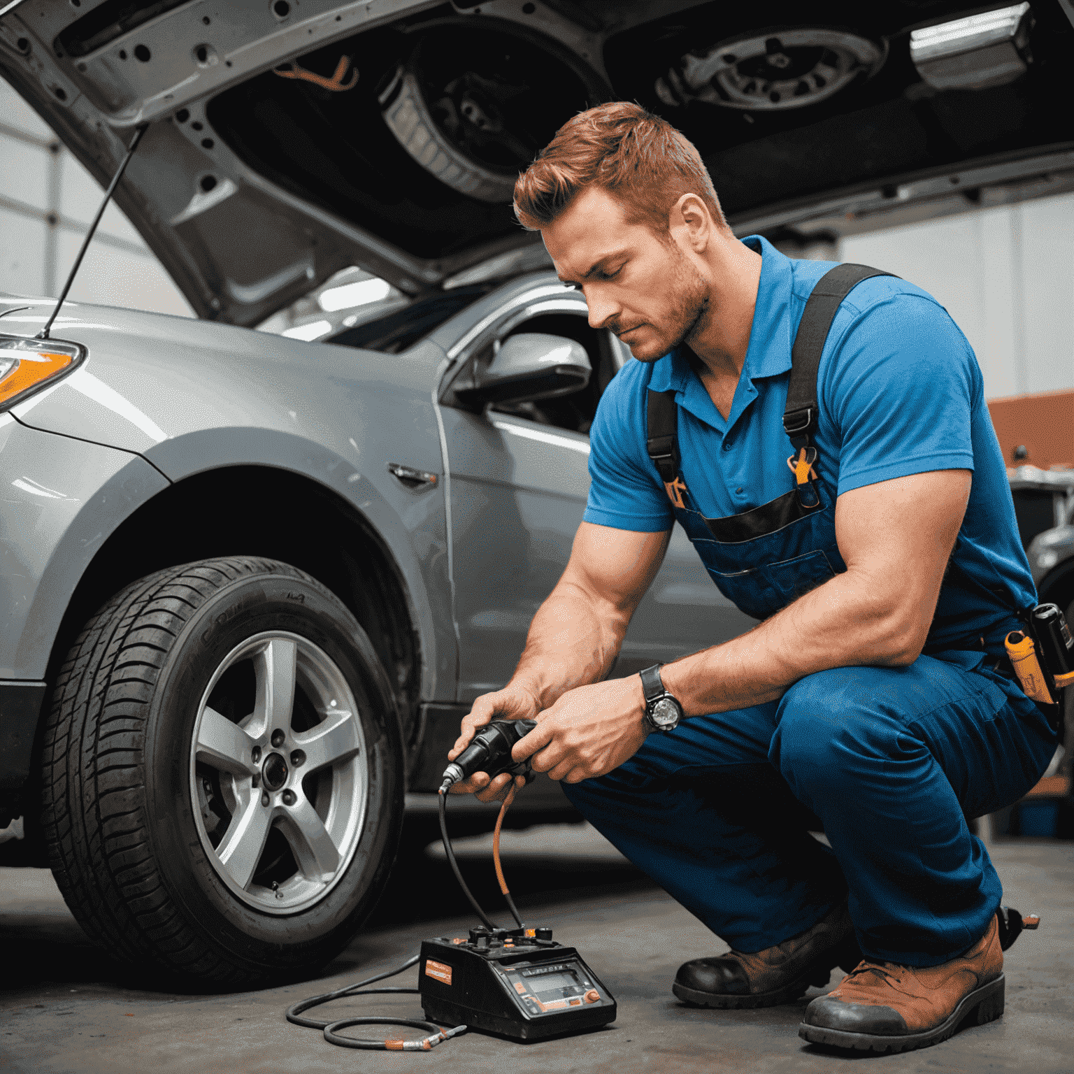 A mechanic performing vehicle maintenance, such as checking oil levels and tire pressure