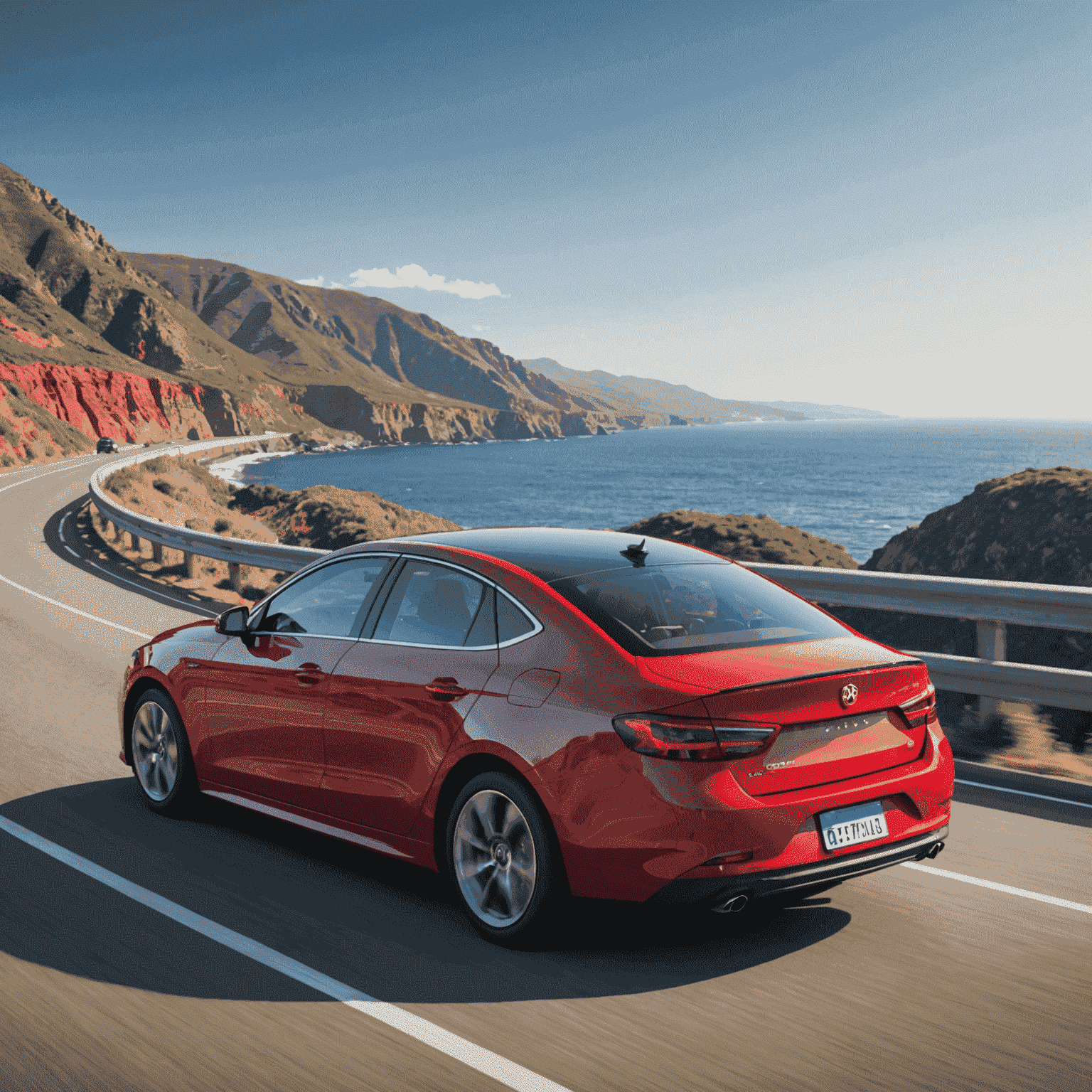 Red rental car driving on a scenic coastal road