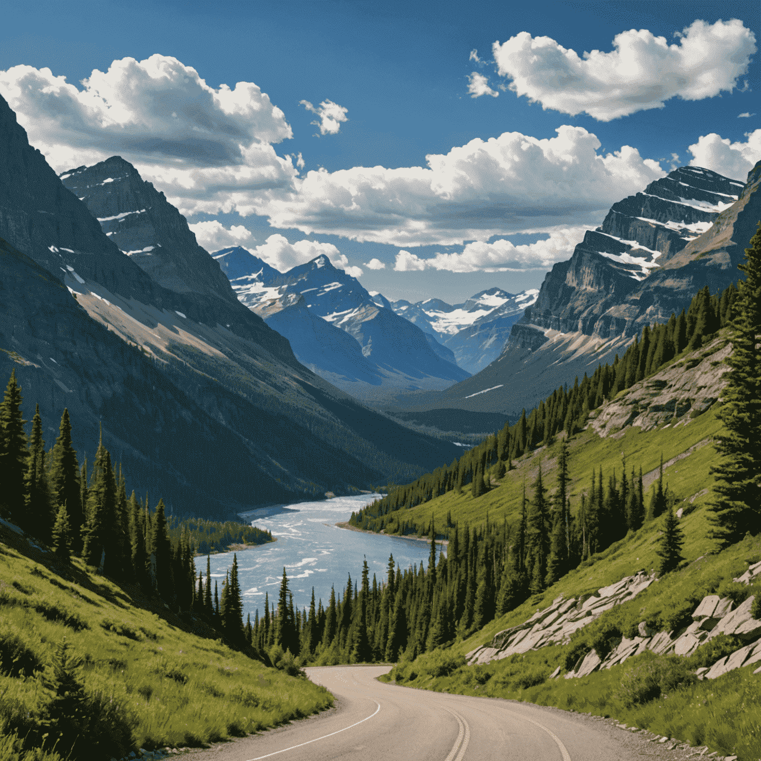 Winding mountain road through Glacier National Park with snow-capped peaks, glacial valleys, and pristine lakes