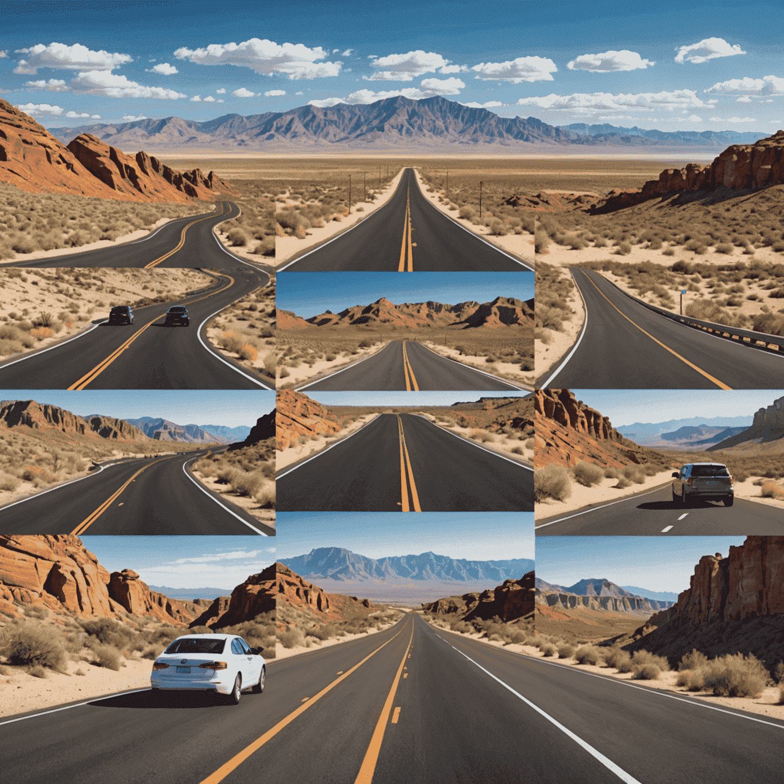 A collage of scenic road trip destinations, including coastal highways, mountain roads, and desert landscapes