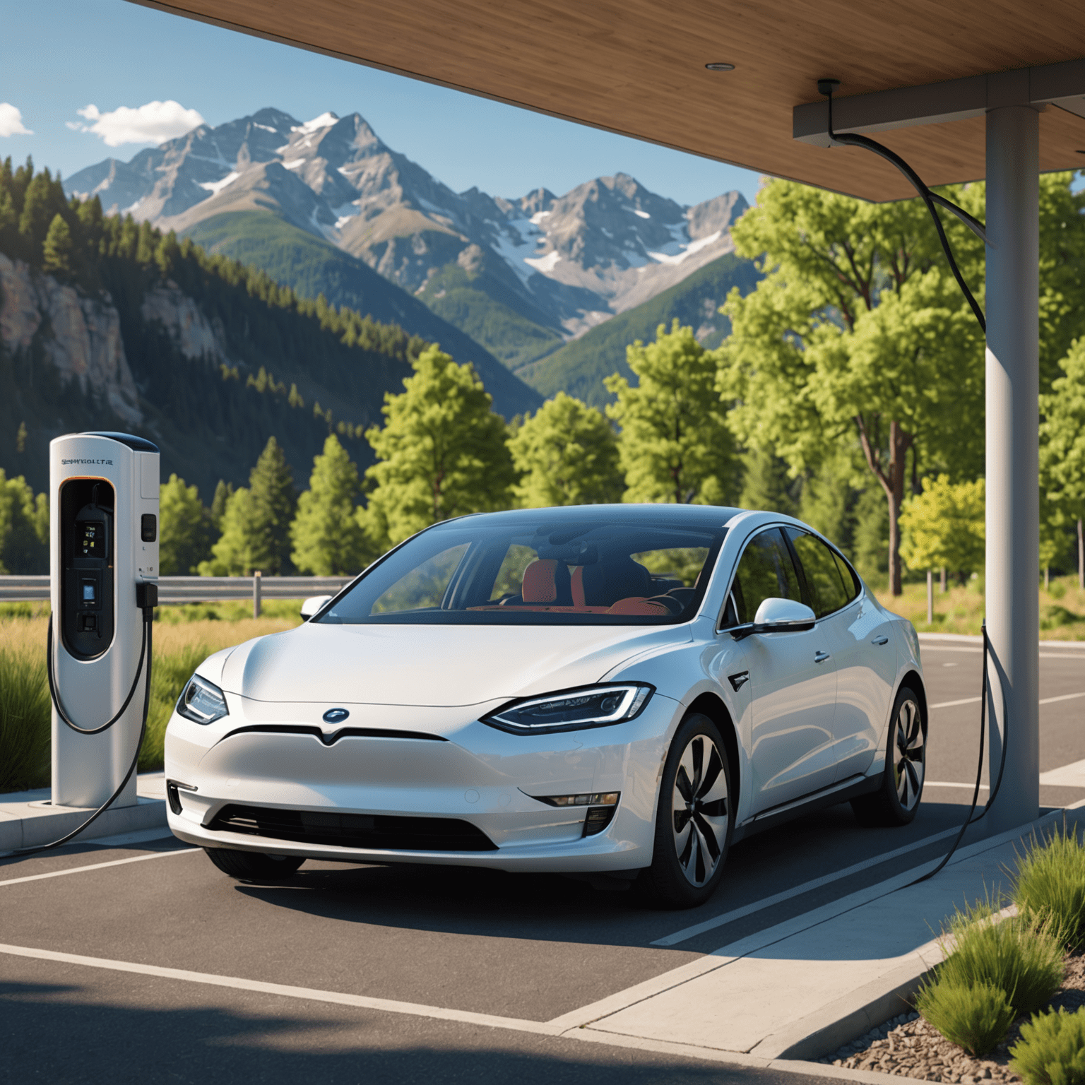 An electric vehicle charging at a charging station with a scenic background